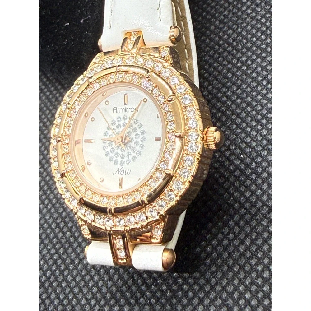 Armitron Now Womens Watch Rose Gold Tone Crystal Bezel Leather Needs Battery